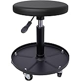 QCUNMAG Rolling Mechanic Stool with Wheels Pneumatic Garage Shop Seat,Black | Heavy Duty 300 lb Capacity Mechanics Chair,Adjustable Height Roller Workshop Stool with Tool Tray for Garage,Shop,Auto Repair