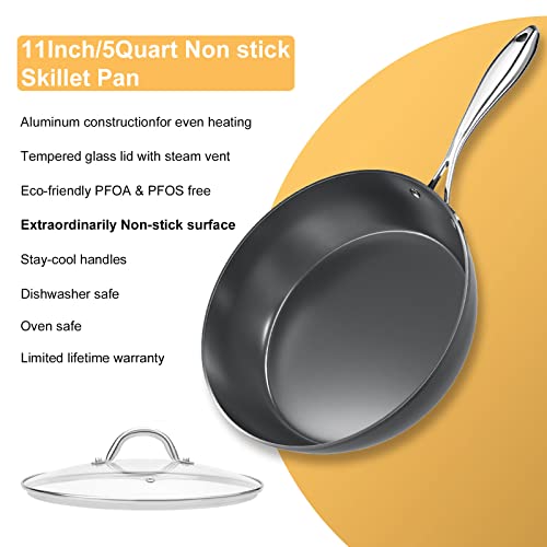 COOKER KING Deep Non Stick Frying Pan with Lid, 11-inch Saute Pan,Healthy Pans for Cooking, Induction Compatible | Stay-Cool Handle, | Dishwasher Safe | Oven Safe | Non-Toxic PFOA & PFOS Free (Black)