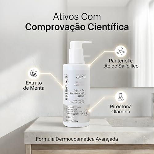 B.URB Essentials Shampoo Anti Caspa Tratamento Para Dermatite Seborreica Dermocosmético Capilar Profissional Com Piroctona Olamina pH Balanceado Higienizador Purificante Refrescante