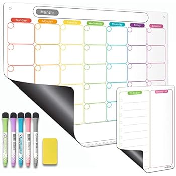 Dry Erase Calendar - Set of Magnetic Calendar for Refrigerator - Horizontal Monthly Fridge Calendar & Grocery List Notepad with Thickened Magnet. with Fine Point Marker & Eraser