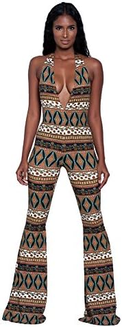 Rainbow womens printed flower sexy fashion wide-leg jumpsuit (Medium, Gold Color)