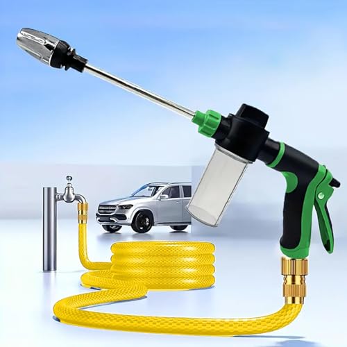 Car Wash Foam Gun Sprayer with Adjustable High Pressure Metal Nozzle, 100cc Soap Dispenser Bottle, for Car Washing Watering Plants, Floor Cleaning, With 10-meter water pipe,Green (10 Meter Water Pipe)