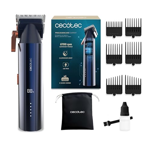 Cecotec Haarschneider mit Brushless-Digitalmotor PrecisionCare Expert Elite. 6700rpm, 2 Geschwindigkeiten, 6 Führungskämme, Aluminiumgehäuse, 2h Laufzeit, Längeneinstellung 0.8-2mm, Transporttasche