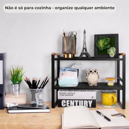 Prateleira Organizadora de Cozinha 2 Andares 33x33x20cm | Organizador de Armário Aramado em Metal Resistente com Cabo de Madeira Antiferrugem para Louças e Utensílios (Preto)
