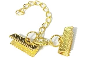 ZHITENG 10 Set Ribbon Clamp Crimp Ends Beads Flat Cover with Lobster Claw Swivel Clasps Extension Chain Jump Rings Cords End Caps String Leather Clip Foldover Necklace Bracelet Connectors (Gold Crimp 20mm)
