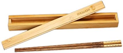 1 Pair of Wenge Wood Chinese Chopsticks Gold Color Head Deco with Bamboo Case