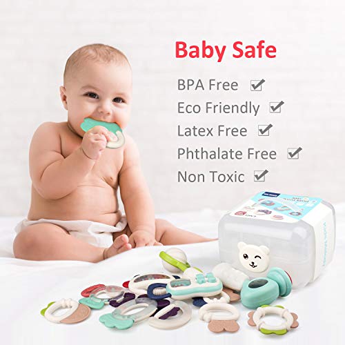 GrowthPic Baby Rattles Teether 2 in 1 Teething Toys,Infant Grasping Grab Silicone Teething Chewing Toys Spin Baby Rattles Gift Set,Shaking Bell Musical Toys for Newborns 3, 4, 5, 6, 7, 9, 12, Month