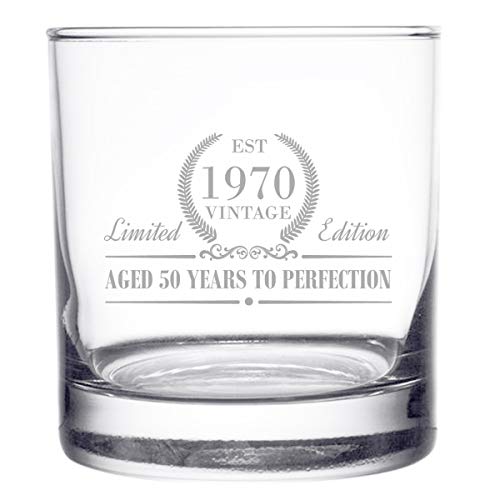 1970 Vintage Edition Birthday Whiskey Scotch Glass (50th Anniversary) 11 oz- Elegant Happy Birthday Old Fashioned Whiskey Glasses- Classic Lowball Rocks Glass- Cool Birthday Gift, Reunion Gift