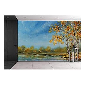 Painting of See, Autumn Trees. Autumn on The Pond. - Removable Wall Mural | Self-Adhesive Large Wallpaper - 66x96 inches