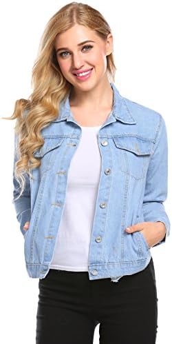 Anhoney Women's Basic Lapel Long Sleeve Button Down Denim Jean Jacket