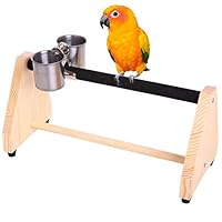 QBLEEV Parrot Play Wood Stand Bird Grinding Perch Table Platform Birdcage Feeder Stands with Feeder Dish Cup Portable Table Playstand for Small Cockatiels, Conures, Parakeets, Finch
