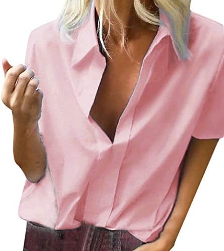 Oufenli✧Women Short Sleeve T-Shirt Ladies Summer V Neck Tee Shirts Solid Color Casual Lapel Tunic Blouses Tops for Work