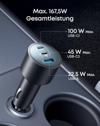 167,5W Zigarettenanzünder USB C, 3-Port Typ-C Auto Schnellladegerät