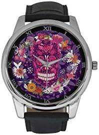 Sugar Skull Men's Stainless Steel Leather Strap Waterproof Band Wrist Watch for Dia De Los Muertos Collectors - Black