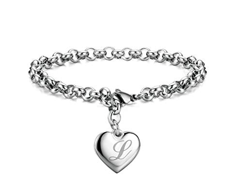 Monily Initial Charm Bracelets Stainless Steel Heart Letters L Alphabet Bracelet for Women