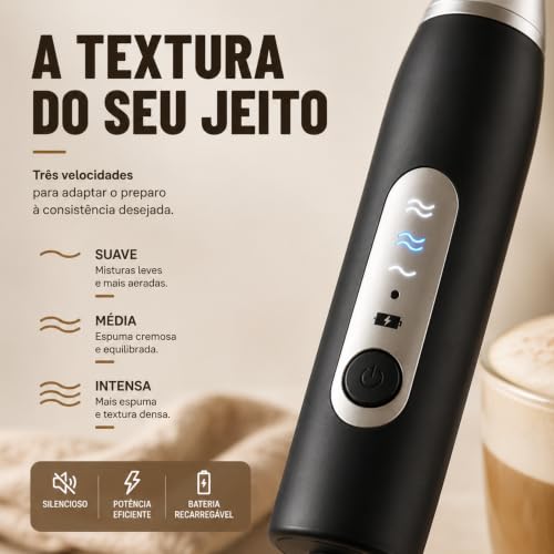 Mini Mixer Portátil USB Recarregável | Espumador de Leite e Café, Batedor de Ovos, Whey e Outras Bebidas, 3 Velocidades
