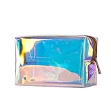 Holographic Makeup Bag Clear Transparent Cosmetic Bag Organizer Travel Large Iridescent Clutch Purse Toiletries Pouch Hologram Handbag Make-up Storage Cases for Women (Rectangular-Transparent)