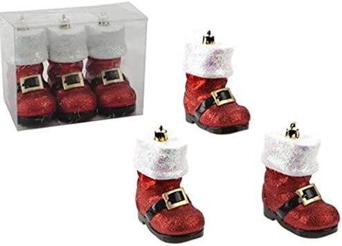 Set Of 3 10cm Deluxe Red Glitter Santa Boot Christmas Xmas Tree