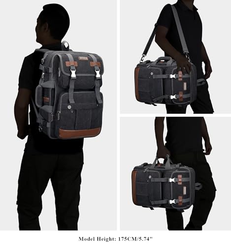 WITZMAN Canvas Travel Backpack for Men Large Laptop Backpack Fit 17 inch Carry-on Airline Approved Convertible Shoulder Rucksack(A6617-3 Black)