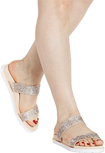 Wild Diva Lounge Women's Ditzy Glitz Rhinestone Slides, Beige/White,9
