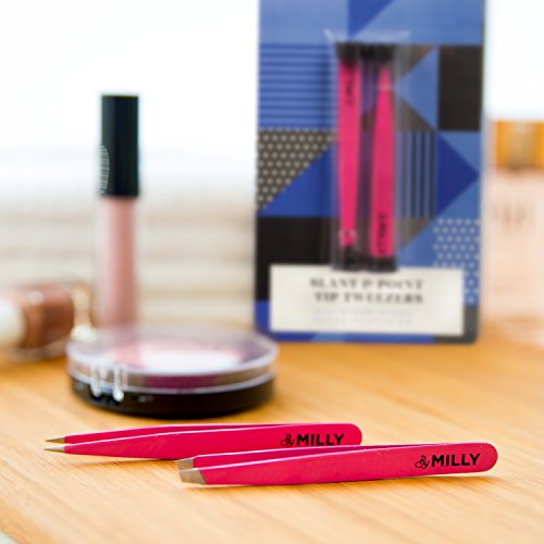 Precision Tweezers | Slant and Pointed | Tweezers for Eyebrows and Ingrown Hair | Tweezers Set | Perfectly Aligned Hand-Filed Tips For Ultra Precision | Effortless Plucking | For Men and Women | Pink - Thumbnail 2