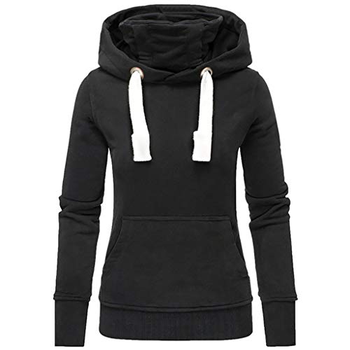 Sanyyanlsy Ladies Long Sleeve Solid Turtleneck Hoodie Sweatshirt Top Winter Pocket Slim Pullover Thick T-Shirt for Women Black