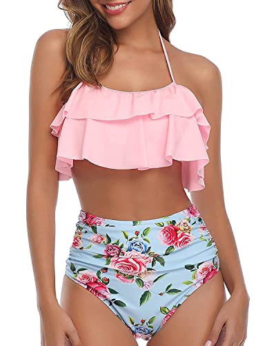 Tempt Me Women Pink Floral Two Piece Swimsuits High Waisted Bikini