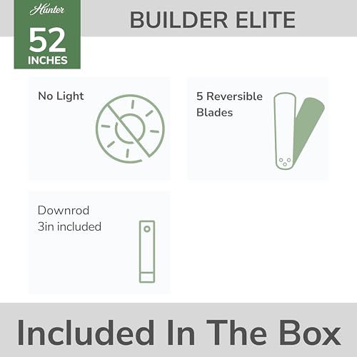 Hunter Builder Elite, Indoor, Ceiling Fan, No Light, 52 inch, Snow White | Standard Mount, Pull Chain, 5 Blades, For Bedroom, Living Room, Kitchen, 53240