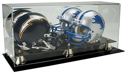 SAFTGARD SUPPLIES Deluxe Acrylic Double Mini Helmet Display Case w/Mirror Back & Gold Risers