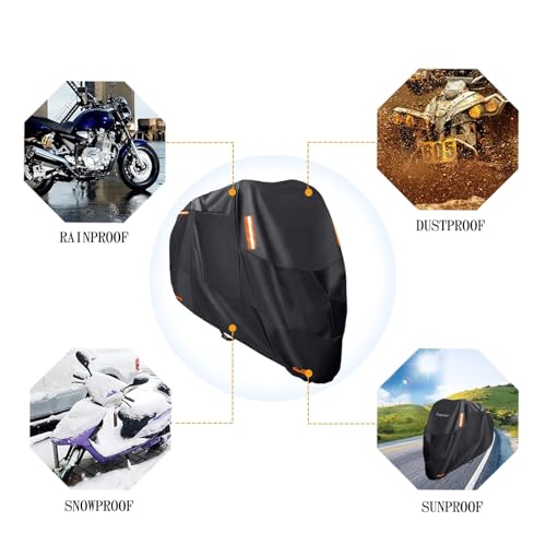 EASYBUYTECH Motorcycle Cover,Motorbike Cover All Season Universal Weather Waterproof Outdoor UV Protection with 4 Reflective Strips & Storage Bag,2XL Motorcycles Vehicle Cover, BLACK
