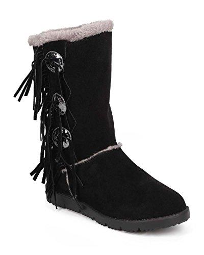 Nature Breeze DD94 Women Fur Trim Suede Medallion Fringe Winter Boot - Black (Size: 8.0)