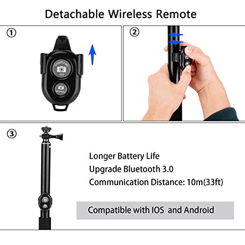 Bluetooth Selfie Stick Tripod,PEYOU 59" Extendable Monopod with Aluminum Tripod Stand and Remote Compatible for iPhone Xs Max XR X 8 7 6S 6 Plus,Galaxy S10 S9 S8 Plus,Tablet,Compatible for Gopro - Thumbnail 6