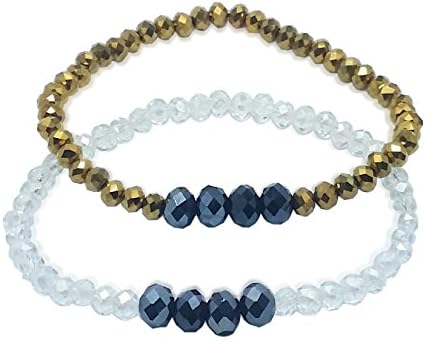Stretch Bracelet, Icy White and Gold with Black Small Simple Shiny Crystals, 2-Pack
