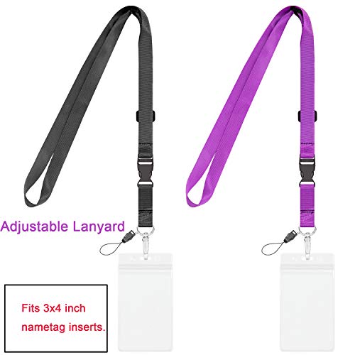 Lanyard Adjustable with ID Badge Holder Black Purple Office Safety Cruise lanyards Neck Quick Release lanard for Women Men Keys Vertical Waterproof Zipper Card Large 4x3 Name Badges Holders 2 Pack