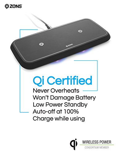 ZENS Wireless Charging Pad | Dual Qi Charger Pad with 2X 15 Watt Power Output | Supports Apple iPhone and Samsung Galaxy Fast Charge | Includes AC/DC Adapter | Black