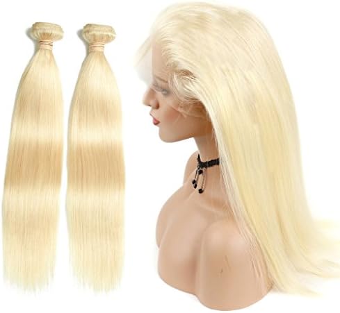 Queen Plus Hair 613 Blonde 360 Lace Frontal With 2 Bundles Peruvian Straight With Frontal Closure Pre Plucked with Baby Hair (14 16 with 12 inch)
