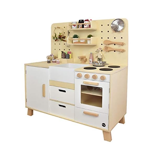 Meppi Kinderküche Kopenhagen, Natur-Weiss - Spielküche aus Holz für Kinder - Küche
