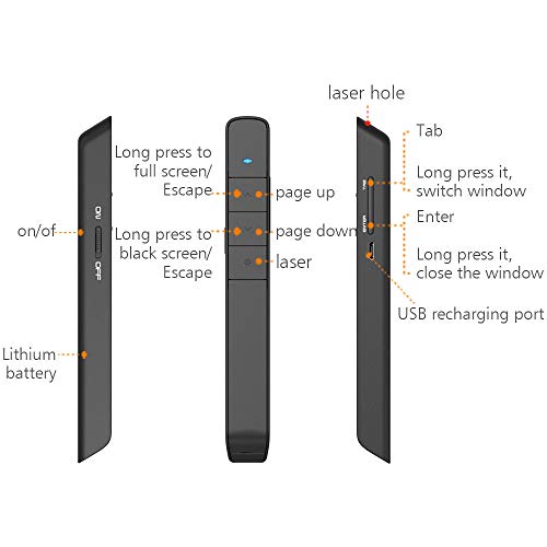 ã€ Rechargeableã€‘ KNORVAY N75 Wireless Presenter Rechargeable with 300ft Long Control Range, Hyperlink USB Powerpoint Remote Presentation Clicker Laser Pointer Rechargeable 2.4GHz (B-Black)