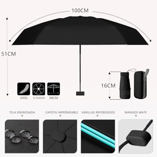 MXHIGO Paraguas de Bolsillo Reforzado para Lluvia y Sol, Mini Sombrilla con Protección UV, Ultra Ligero y Portátil, Más Robusto, con 12 Varillas Reflectantes, Mini Paraguas Plegable con Estuche