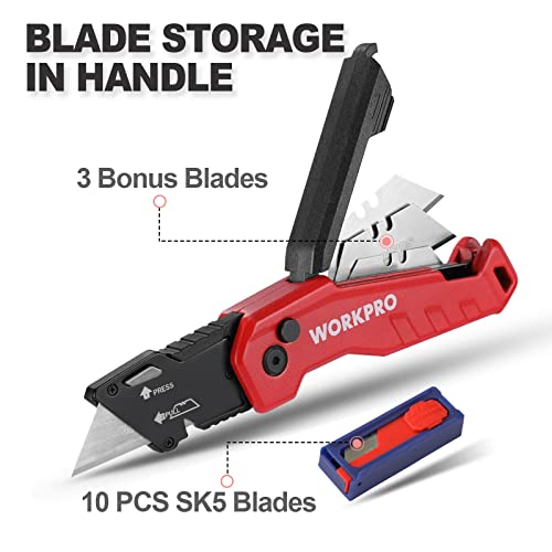 WORKPRO Folding Utility Knife, Quick Change Box Cutter, Razor Knife for Cartons, Cardboard, Boxes, Blade Storage in Handle, 13 Extra Blades Included (Red)