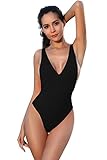 SHEKINI Women's Thong Swimsuits Retro V Neck Backless High Cut One Piece Monokini Swimwear (Medium/(US 8-10), Manhattan Black)