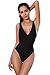 SHEKINI Women's Thong Swimsuits Retro V Neck Backless High Cut One Piece Monokini Swimwear (Medium/(US 8-10), Manhattan Black)