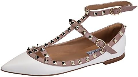 CAMSSOO Women's Metal Studs Strappy Buckle Pointy Toe Flats Low Heel Pumps Shoes White Soft PU Size UK9 EU45