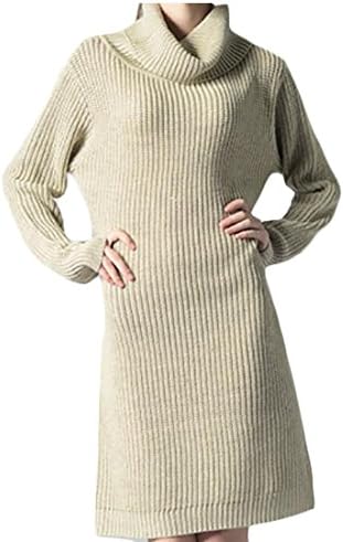 Zantt Women's Winter Turtleneck Loose Fit Knit Sweater Knee-Length Party Dress Beige US OS