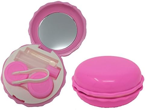 Portable Contact Lens Case Travel Kit Pink Macaroon Cookie Shaped with Mirror, Bottle, Tweezers Container Holder by CleanEyes
