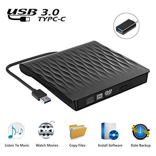 External CD DVD Drive, USB 3.0 Slim Portable External CD DVD Rewriter Burner Writer, High Speed Data Transfer USB Optical Drive for PC Desktop/Laptop/Linux/Mac OS/Windows 10/8/7/XP(Black)