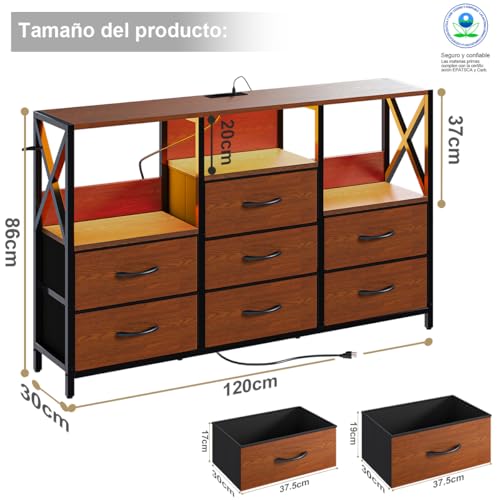 SIMPLE ESPACIO Cajonera para Recamara,Comoda Cajonera para Recamara con Toma de Corriente y Luz Led,Cajoneras (con 7 Cajones de Tela),Cajoneras Abierta Paras Recamaras.(Nogal)