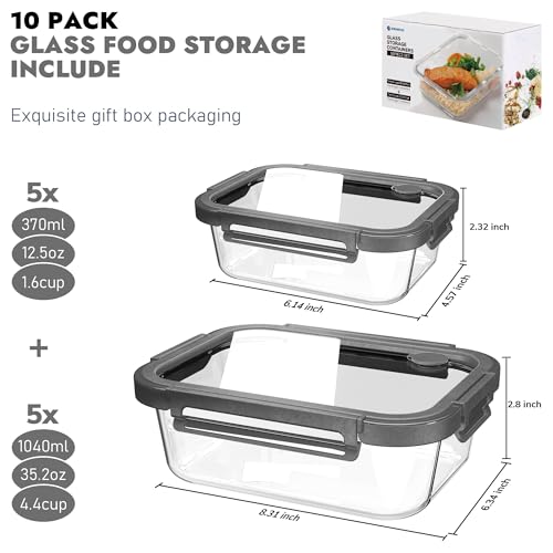 BOROHOUSE 10-Pack Glass Food Storage Containers with Tempered Lids – Borosilicate, Airtight, Oven-Safe (-4°F~950°F), BPA-Free, 4.4 & 1.6 Cup, Leak-Proof, Dishwasher Safe (Gray)