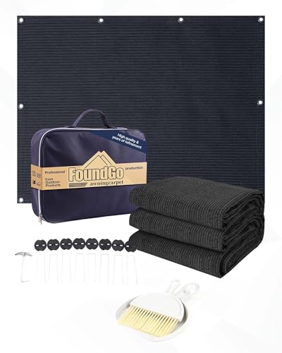 FoundGo Vorzeltteppich mit Ösen [280g/m² HDPE] Camping Teppich Outdoor Vorzeltboden inkl. Tragetasche Stahlnägel & Kleiner Besen Anthrazit 300x600cm