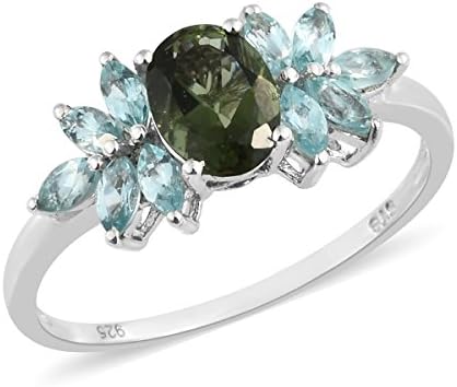 925 Sterling Silver Platinum Plated 1.5 Cttw Oval Moldavite, Apatite Ring Size 10